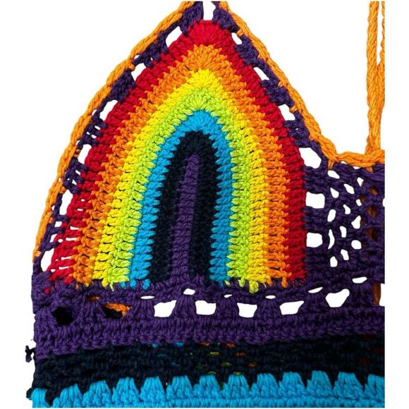 Multicolored Rainbow Halter Cropped Top Size S Hand made Y2K Retro Hippie - Picture 4 of 7